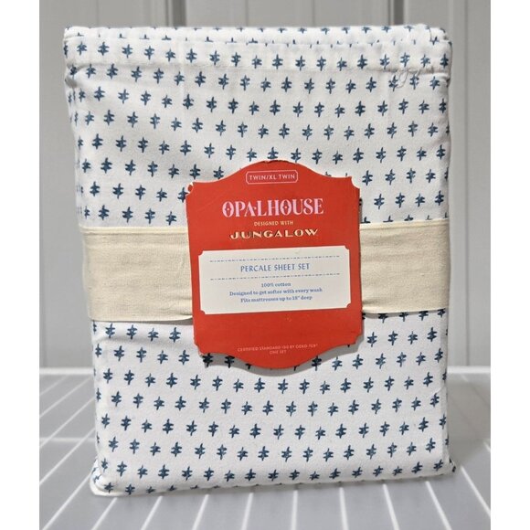 Opalhouse Twin / Twin XL Cotton Percale 3 Pc Teal Dash & White Holiday Sheet Set - Picture 2 of 8